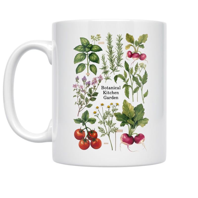 Tailorly White Ceramic 11 oz Mug - Botanical Kitchen Garden Hand Drawn Watercolor Fresh Vegetables And Greenery Herbs