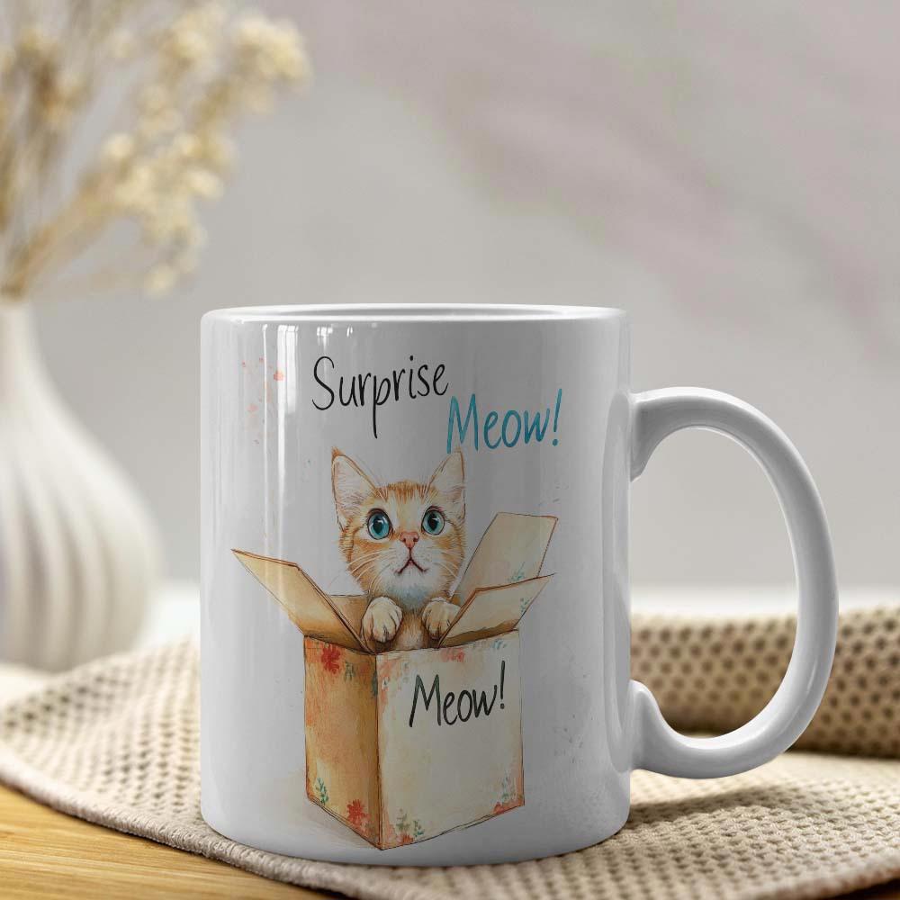Tailorly White Ceramic 11 oz Mug - Surprise Meow Meow Adorable Ginger Tabby Peeking Out From A Small Cardboard Shipping Box Cat