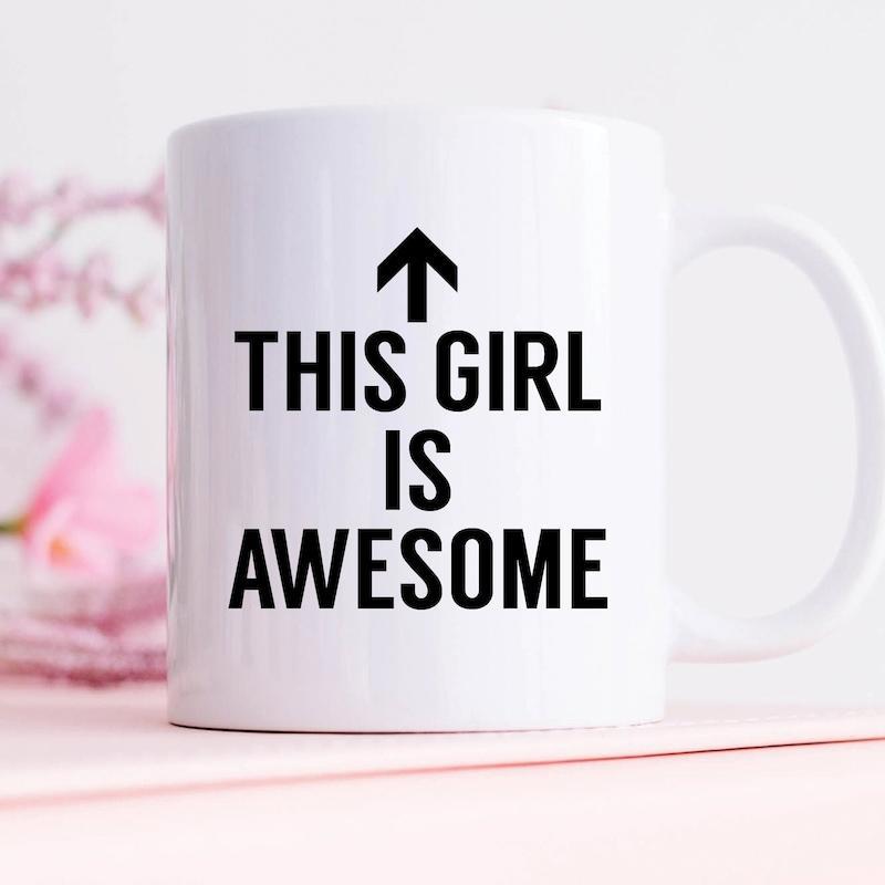 Tailorly White Ceramic 11 oz Mug - This Girl Is Awesome Simple Bold Black Upward Pointing Symbol With Minimalist Graphic Style Arrow