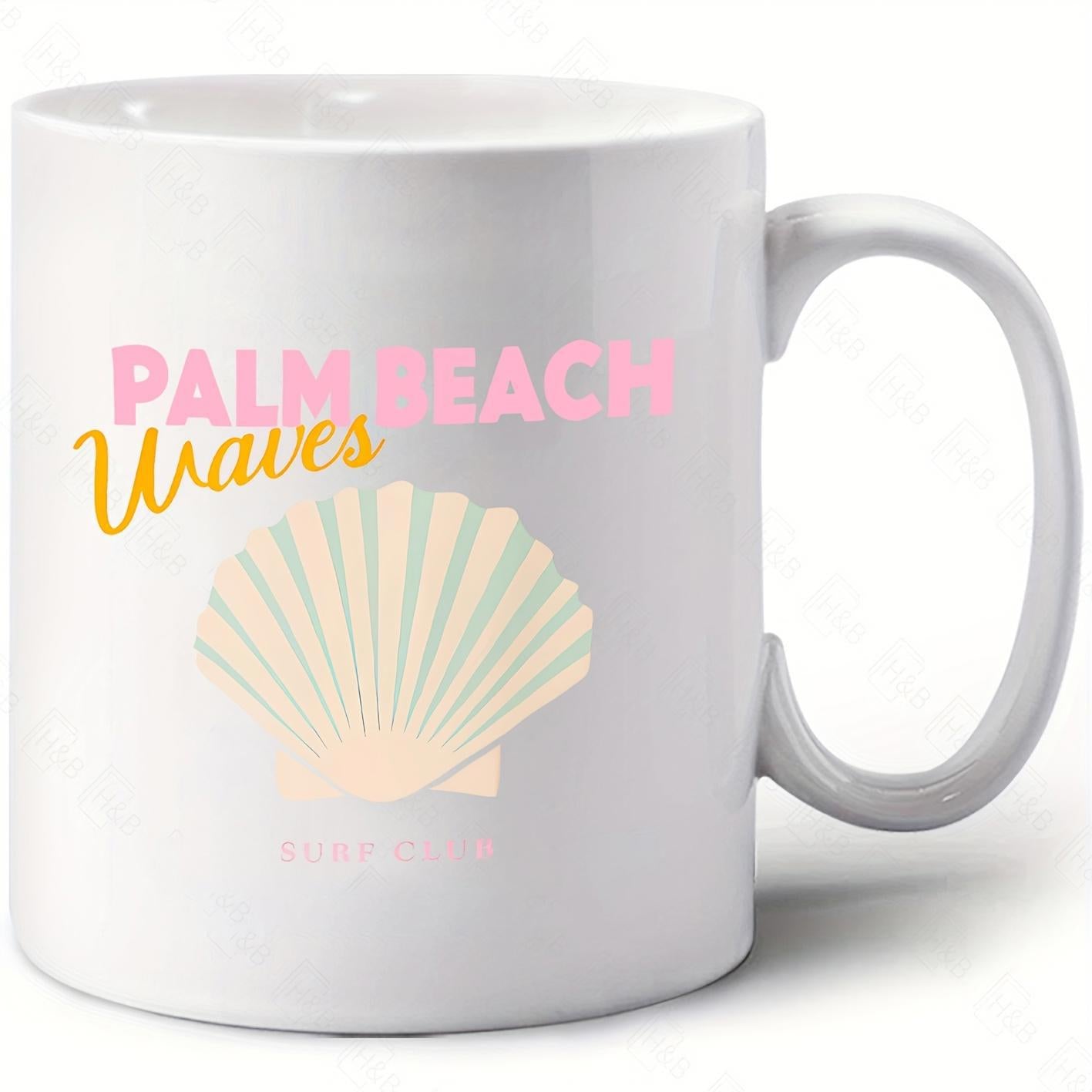 Tailorly White Ceramic 11 oz Mug - Palm Beach Waves Minimalist Pastel Colors Delicate Scallop Shell Decorative Coastal Style Seashell