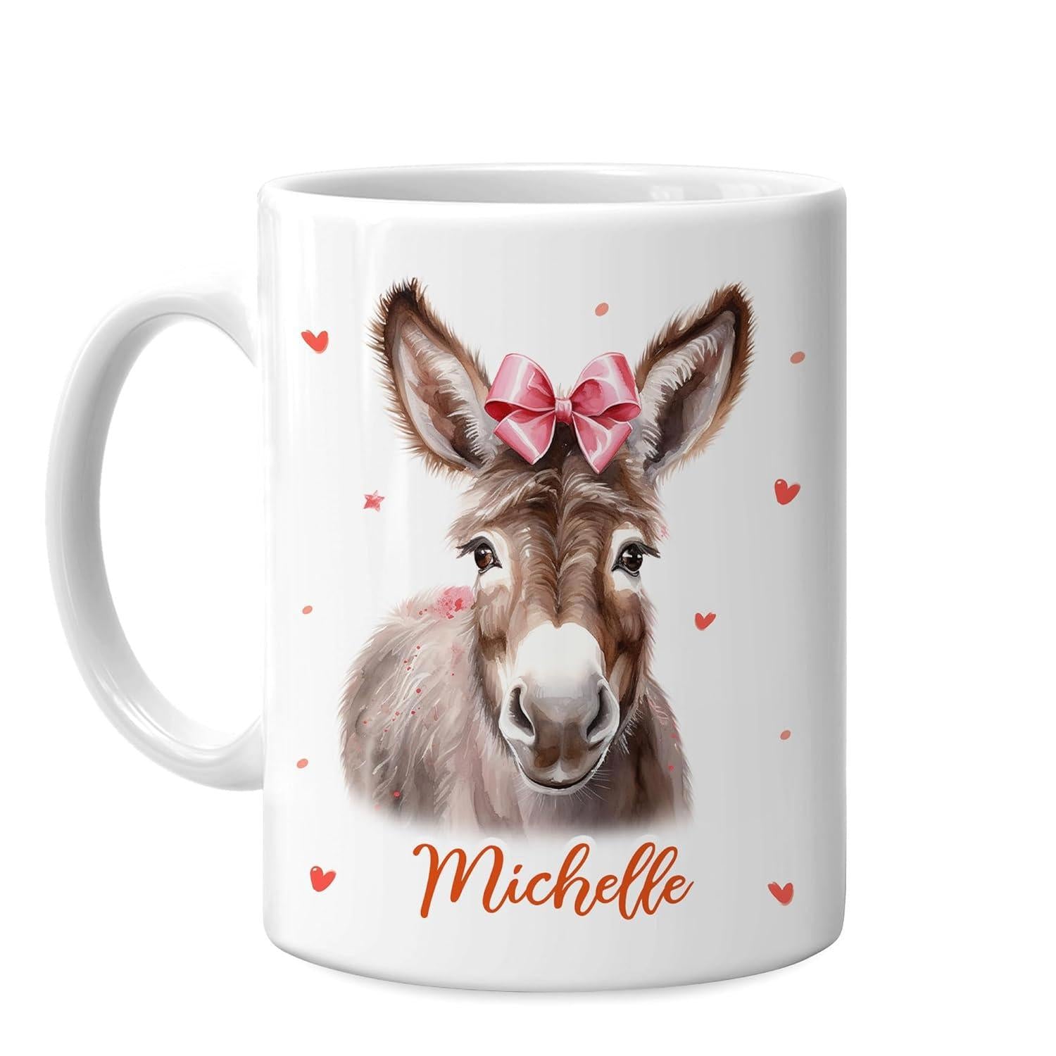 Tailorly White Ceramic 11 oz Mug - Michelle Charming Watercolor Baby Animal Wearing Pink Bow Among Tiny Hearts Donkey