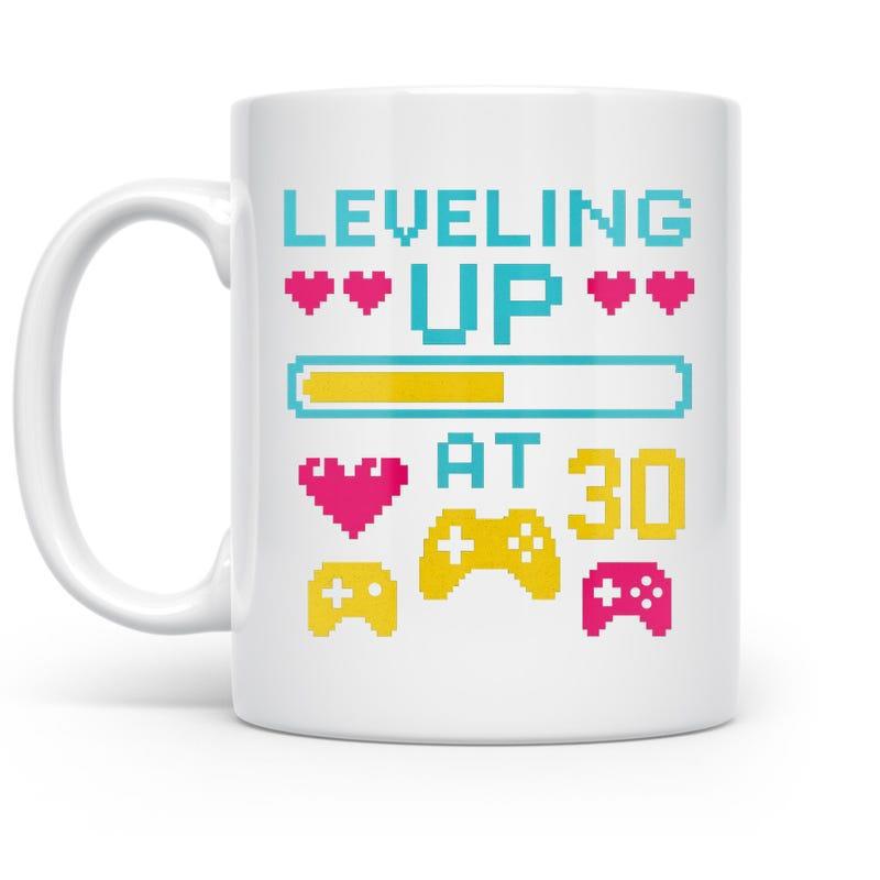 Tailorly White Ceramic 11 oz Mug - Leveling Up At 30 Retro Pixelated Style Featuring Heart Icons And Loading Bar Controller