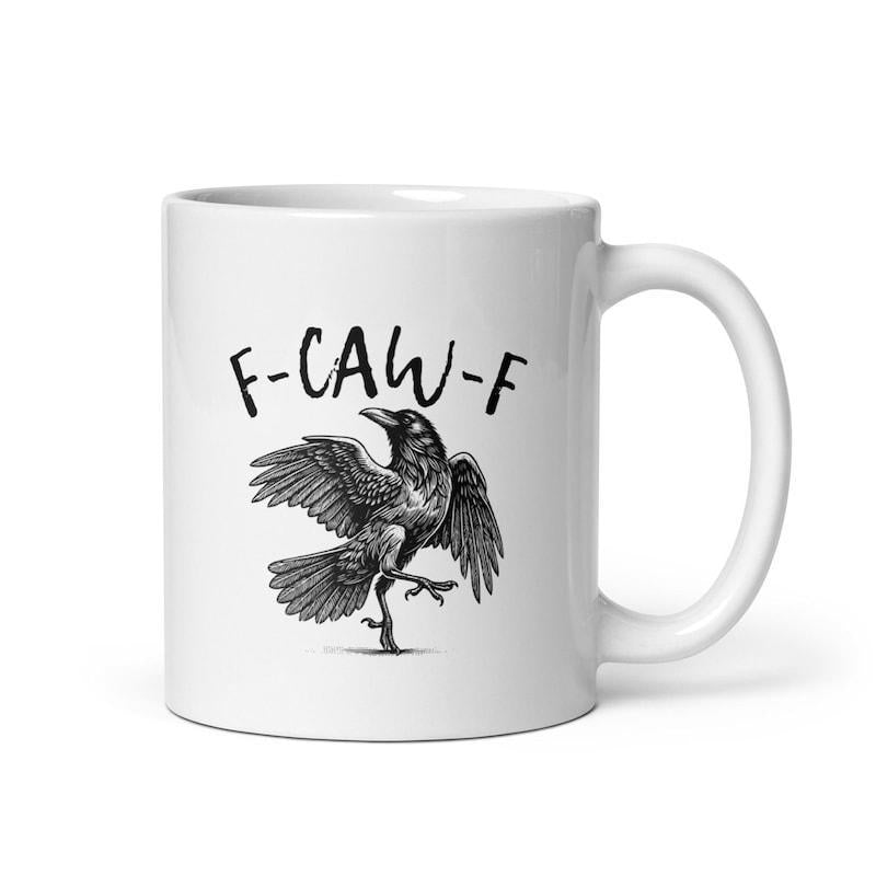 Tailorly White Ceramic 11 oz Mug - F Caw F Gothic Style Black Bird Etching With Spreading Wings And Sharp Talons Crow