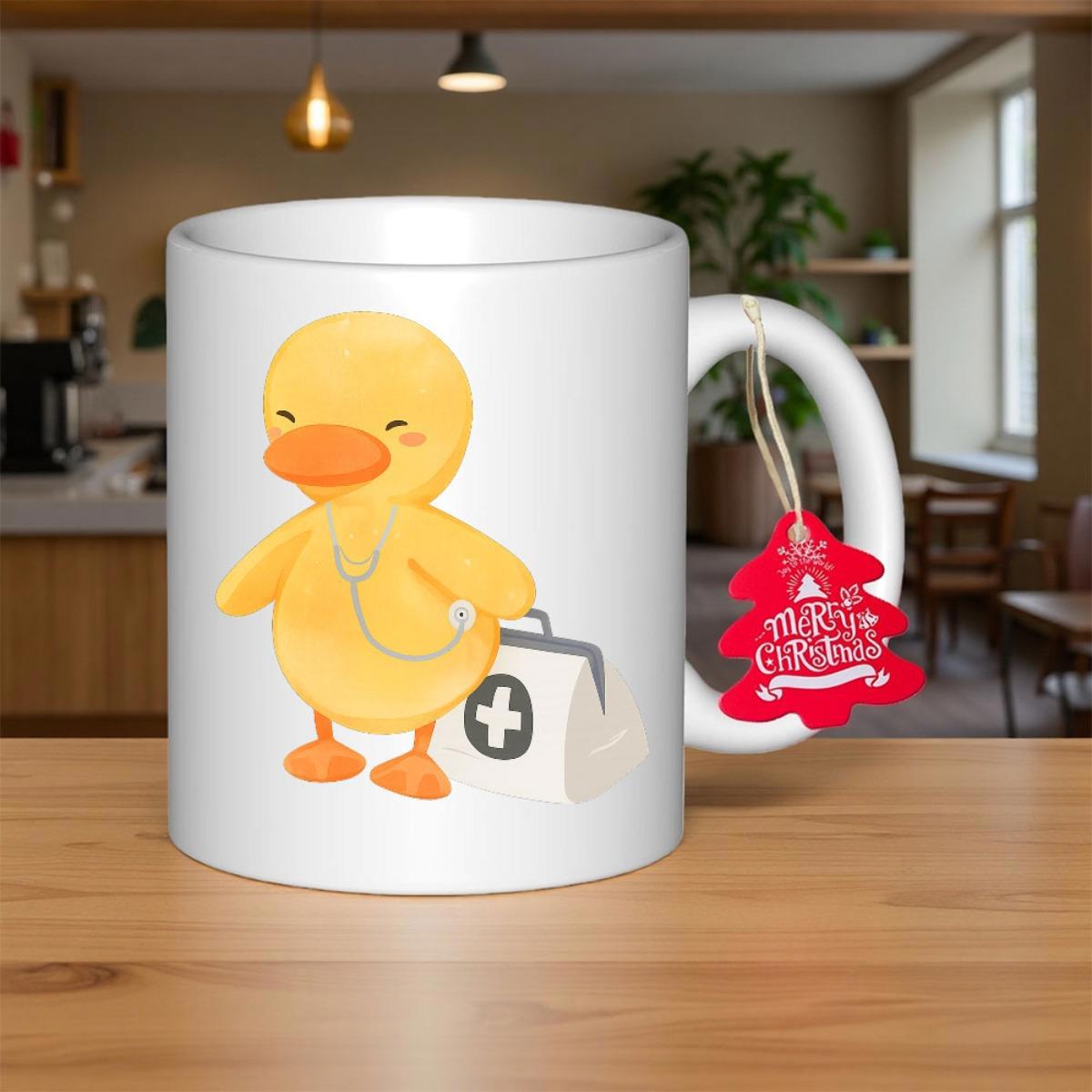 Tailorly White Ceramic 11 oz Mug - Merry Christmas Adorable Smiling Yellow Duckling Carrying A Medical Kit With Stethoscope Duck