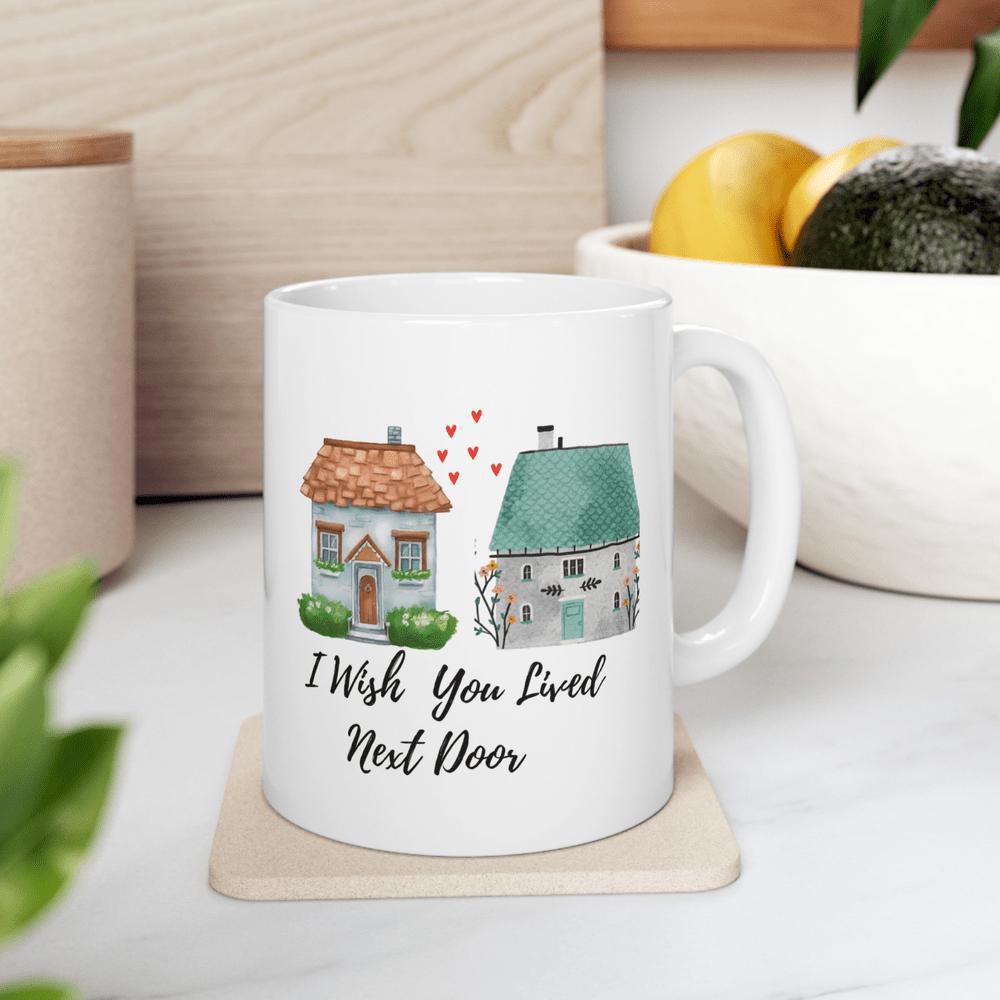 Tailorly White Ceramic 11 oz Mug - I Wish You Lived Next Door Two Watercolor Cottages With Little Red Hearts Among Peaceful Green Bushes House