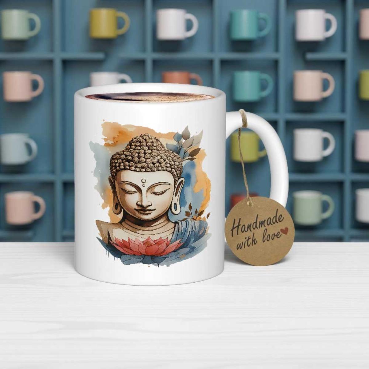Tailorly White Ceramic 11 oz Mug - Handmade With Love Artistic Watercolor Style Meditating Serene Zen Portrait With Lotus Flower Buddha