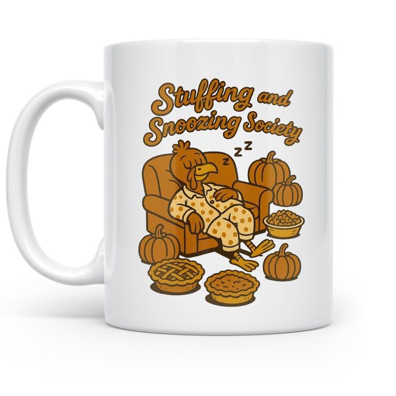 Tailorly White Ceramic 11 oz Mug - Stuffing And Snoozing Society Cozy Turkey Napping On Armchair Amidst Harvest Pumpkins And Autumn Pies Turkey