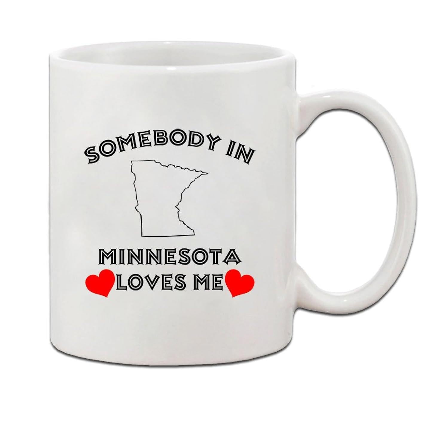 Tailorly White Ceramic 11 oz Mug - Somebody In Minnesota Loves Me Simple Geographical State Silhouette Surrounded By Two Little Bright Red Hearts Map