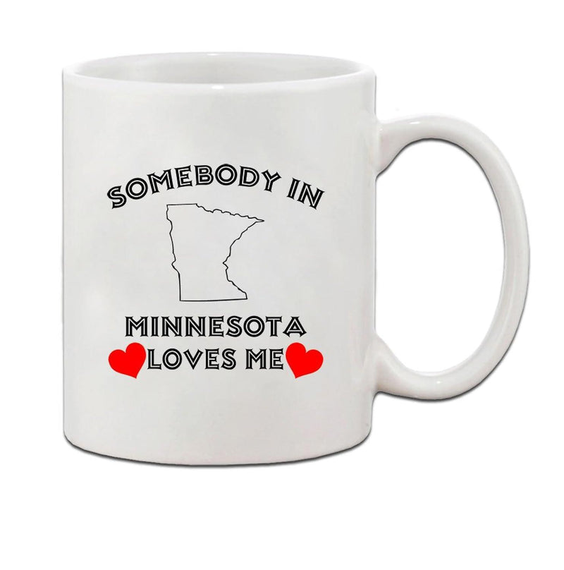 Tailorly White Ceramic 11 oz Mug - Somebody In Minnesota Loves Me Simple Geographical State Silhouette Surrounded By Two Little Bright Red Hearts Map