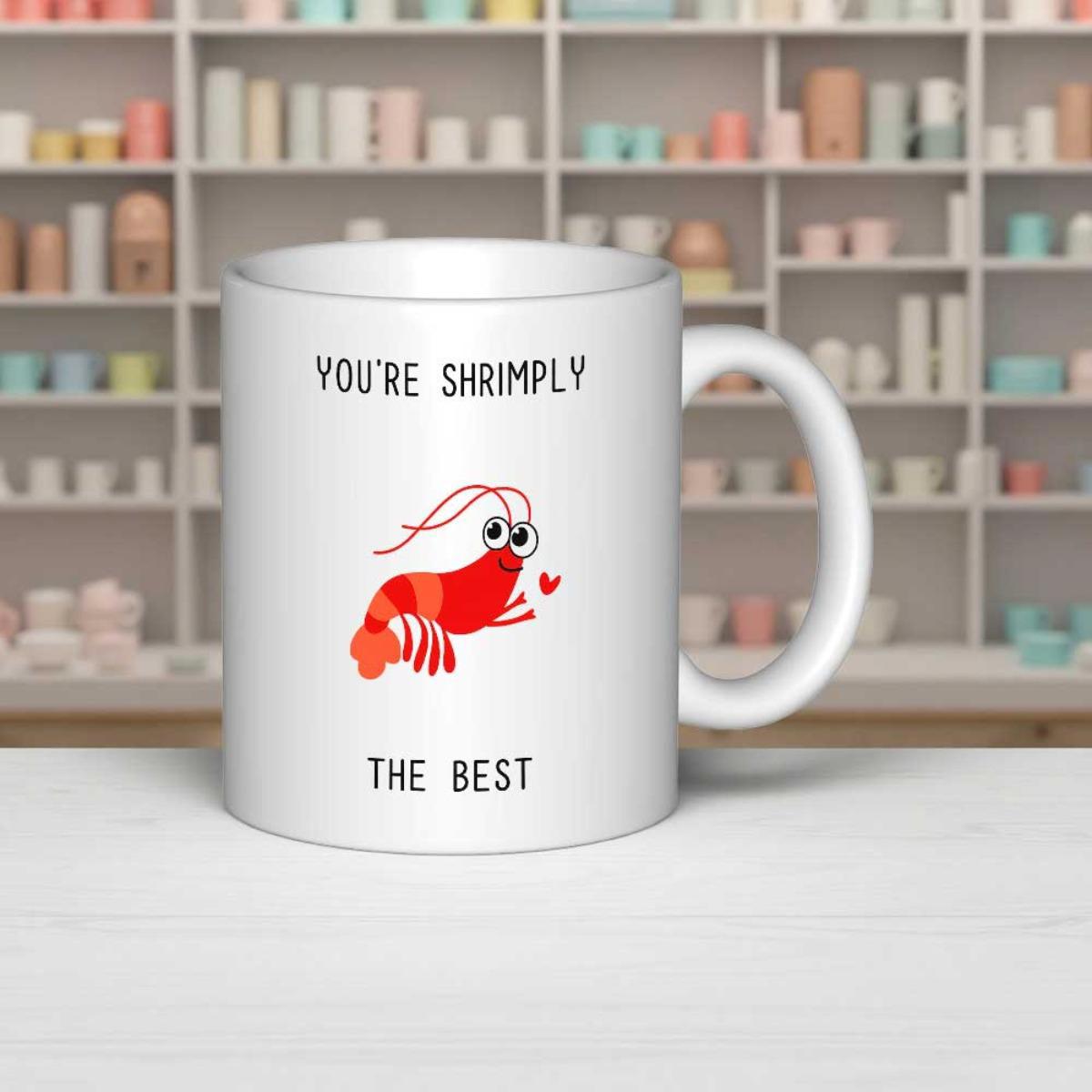 Tailorly White Ceramic 11 oz Mug - Youre Shrimply The Best Cute Red Crustacean Featuring Large Eyes And Small Heart Floating Shrimp