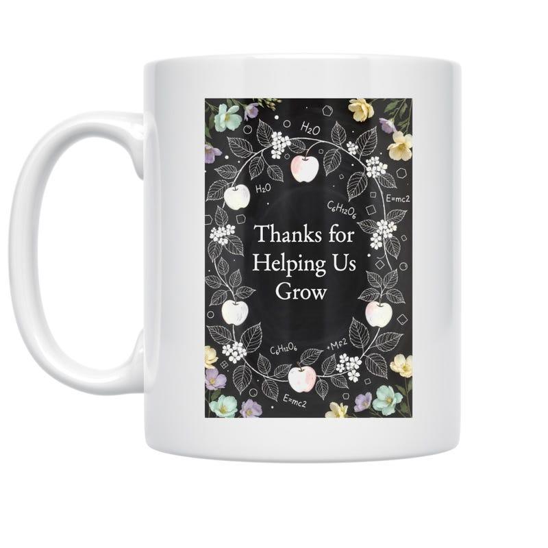 Tailorly White Ceramic 11 oz Mug - Thanks For Helping Us Grow Chalkboard Background With Delicate Floral Wreath And White Apples Among Leaves Apple