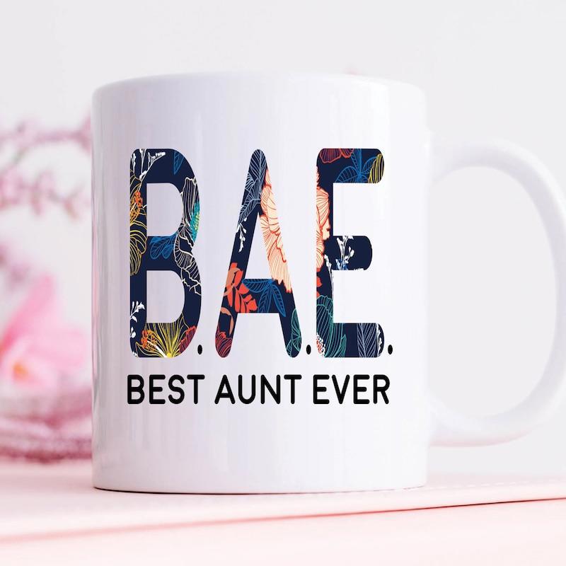 Tailorly White Ceramic 11 oz Mug - Bae Best Aunt Ever Floral Botanical Pattern Inside Large Letters On