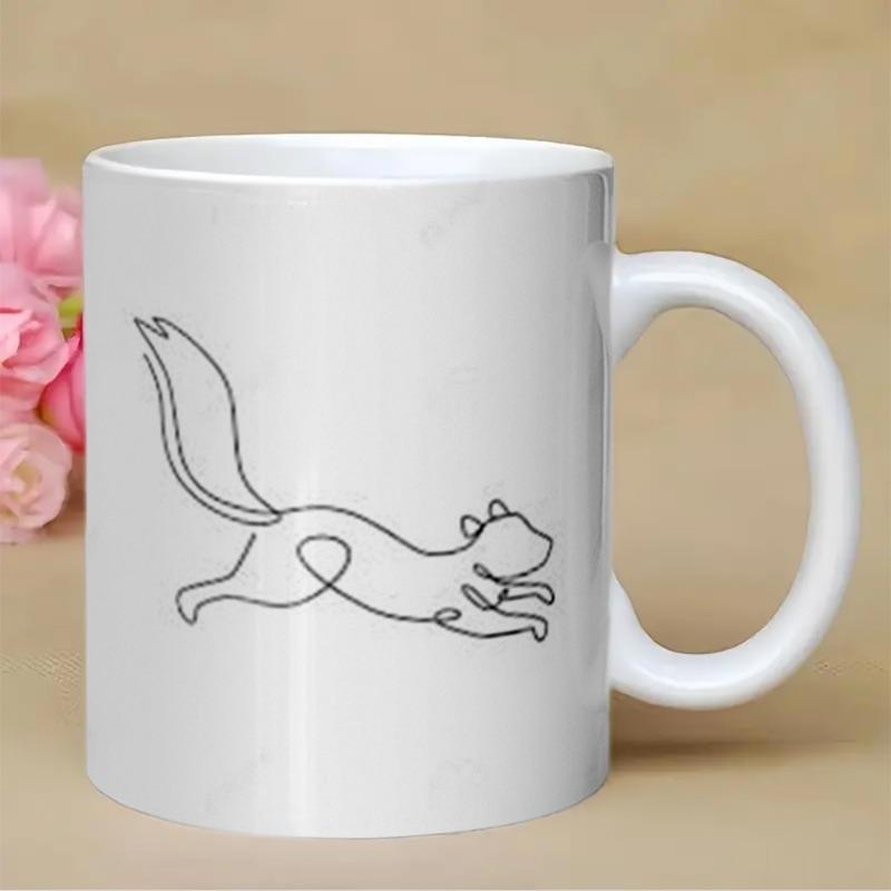 Tailorly White Ceramic 11 oz Mug - Minimalist One Line Art Style Depicting A Graceful Running Squirrel