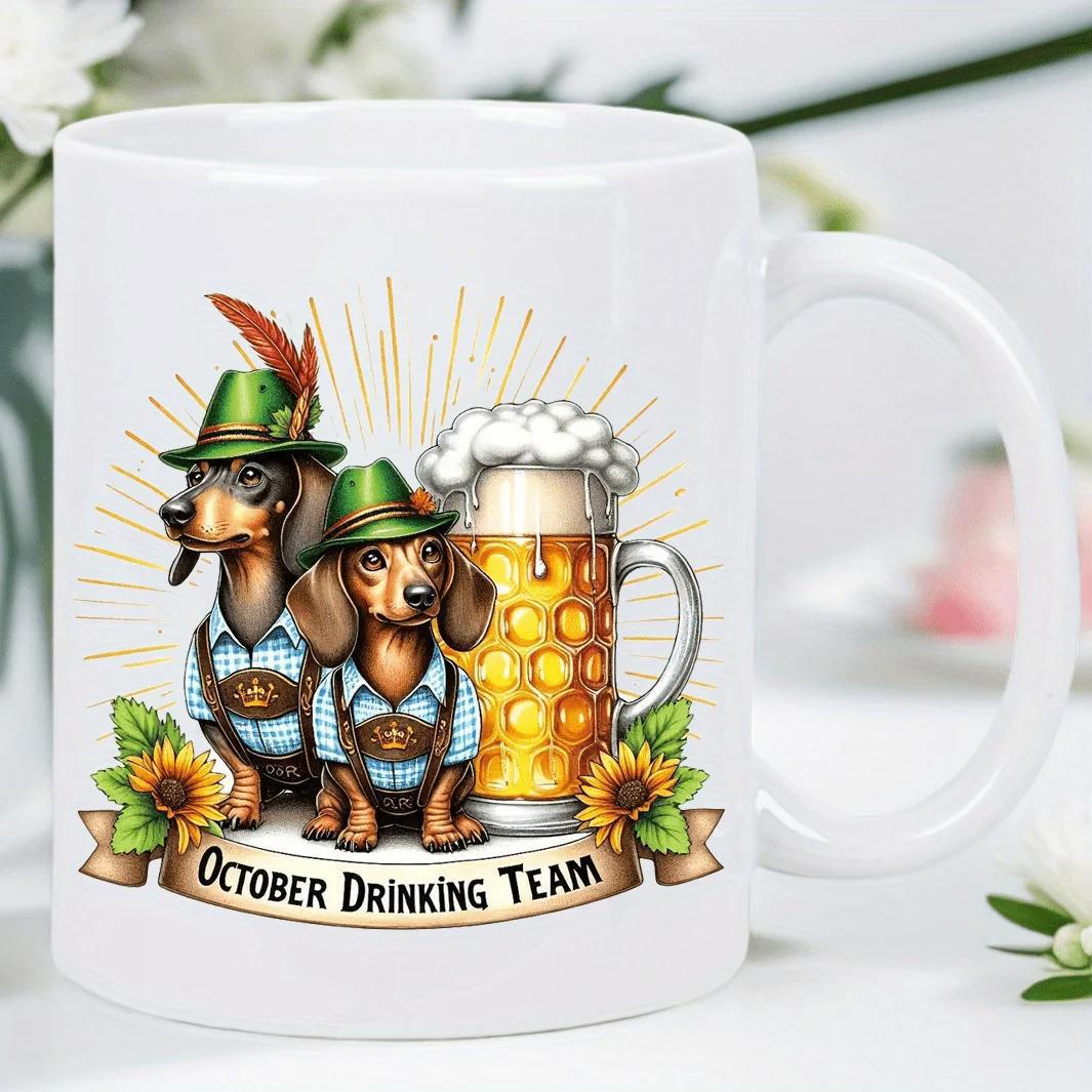 Tailorly White Ceramic 11 oz Mug - October Drinking Team Two Cute Dachshunds Wearing Hats Beside A Large Beer Mug Dachshund