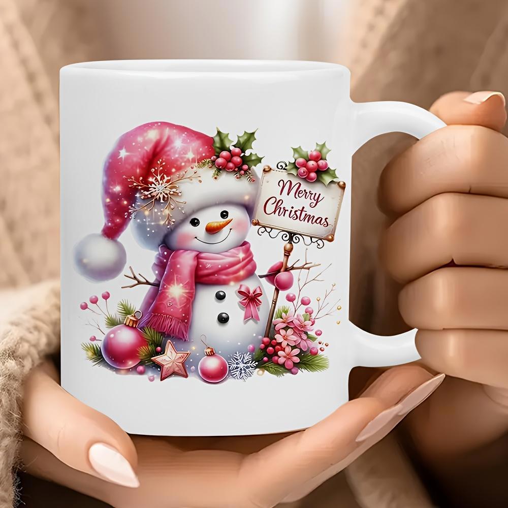 Tailorly White Ceramic 11 oz Mug - Merry Christmas Smiling Festive Character Wearing Red Polka Dot Hat Holding Sign Snowman
