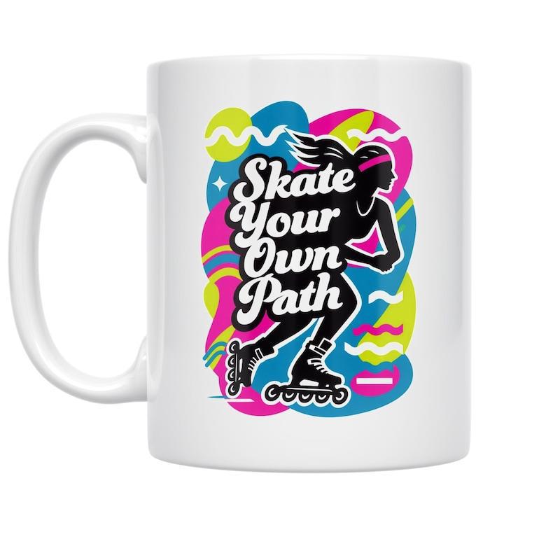 Tailorly White Ceramic 11 oz Mug - Skate Your Own Path Retro Silhouette Of A Girl Skating Among Colorful Abstract Vibrant Shapes Skater