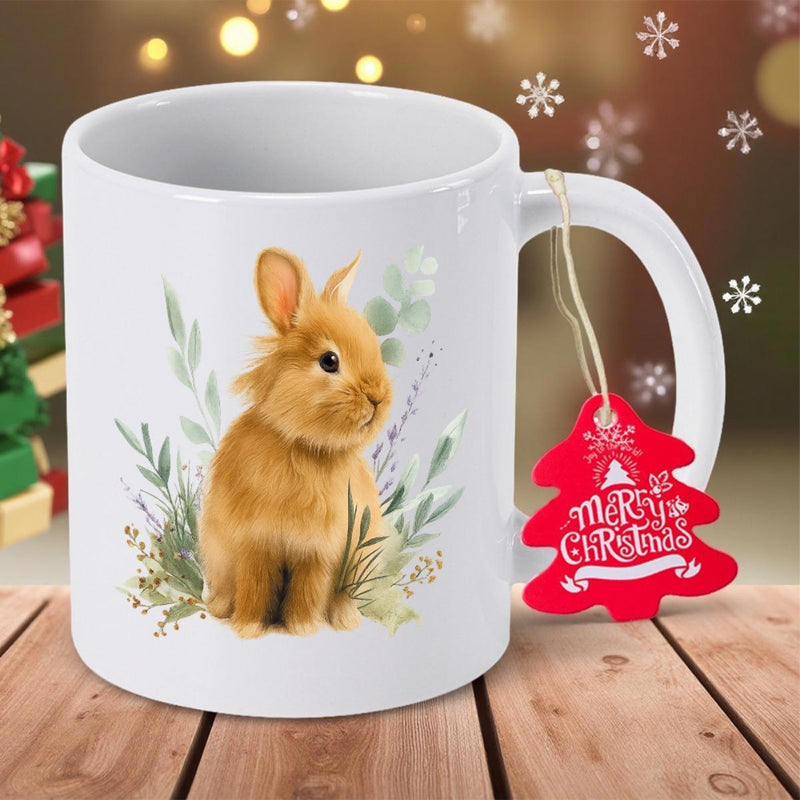 Tailorly White Ceramic 11 oz Mug - Merry Christmas Cute Fluffy Brown Bunny Resting Among Soft Green Spring Leaves Watercolor Rabbit