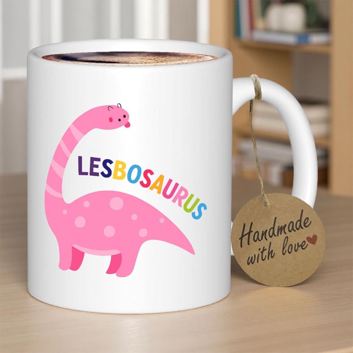 Tailorly White Ceramic 11 oz Mug - Lesbosaurus Cute Pink Long Necked Animal Featuring Spots And Vibrant Colors Dinosaur