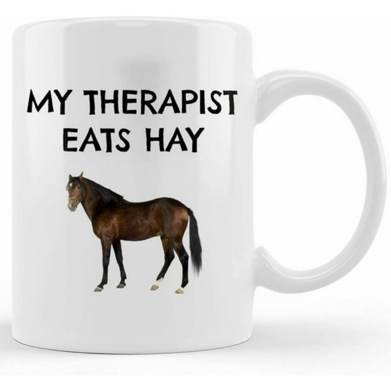 Tailorly White Ceramic 11 oz Mug - My Therapist Eats Hay Majestic Brown Stallion Standing Calmly On A Clean White Background Horse