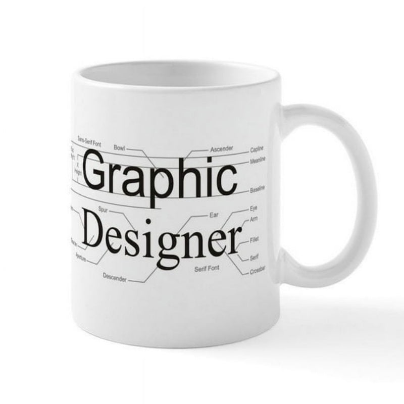 Tailorly White Ceramic 11 oz Mug - Graphic Designer Minimalist Black Technical Typography Elements With Labeled Anatomical Parts Diagram