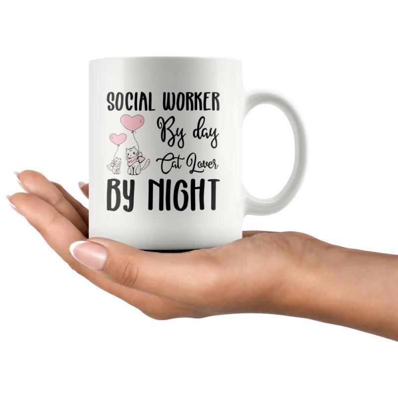 Tailorly White Ceramic 11 oz Mug - Social Worker By Day Cat Lover By Night Adorable Tiny Feline Friends Carrying Pink Heart Shaped Balloons Cat
