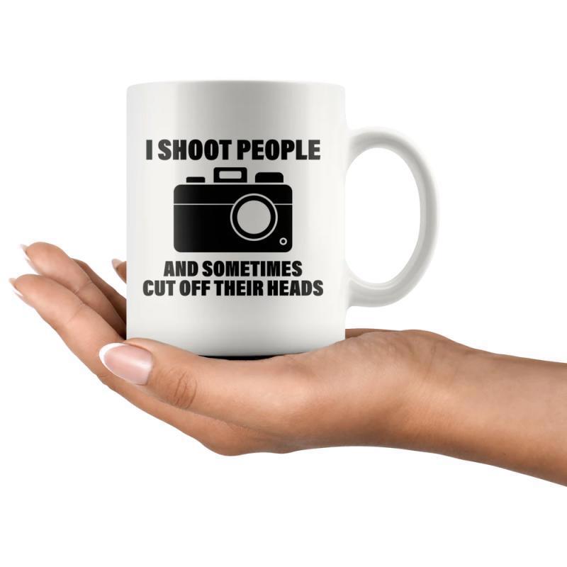 Tailorly White Ceramic 11 oz Mug - I Shoot People And Sometimes Cut Off Their Heads Minimalist Black Photography Equipment Graphic Centered Within Pure White
