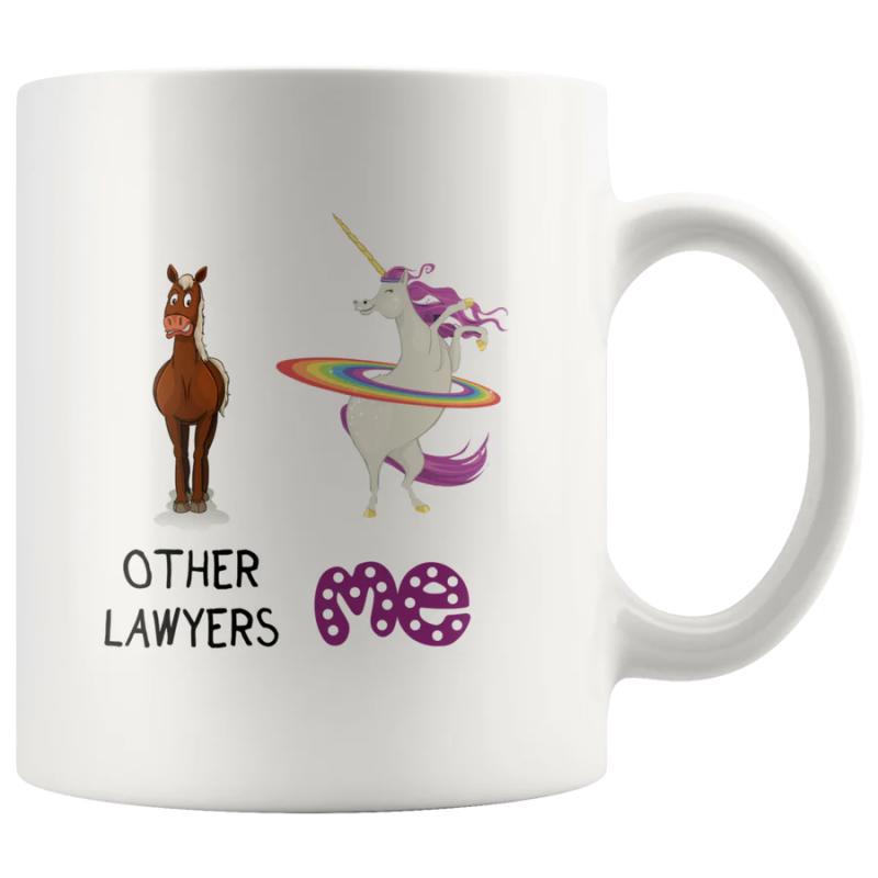 Tailorly White Ceramic 11 oz Mug - Other Lawyers Me Humorous Graphic Illustration Of A Brown Horse And Rainbow Magic Unicorn