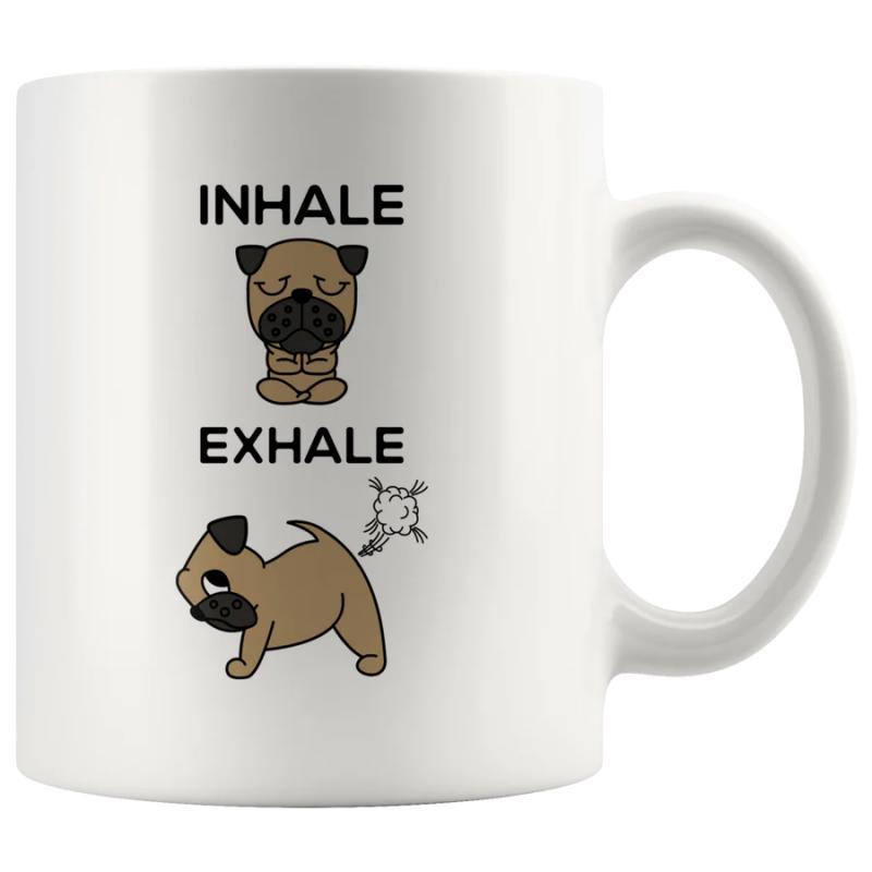 Tailorly White Ceramic 11 oz Mug - Inhale Exhale Funny Cartoon Dog Meditating In Zen Pose And Releasing Gas Pug