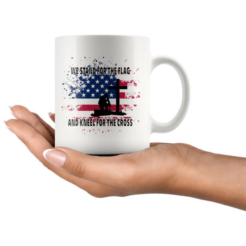 Tailorly White Ceramic 11 oz Mug - Ill Stand For The Flag And Kneel For The Cross Distressed American Flag With Silhouette Of Person Kneeling In Prayer Cross
