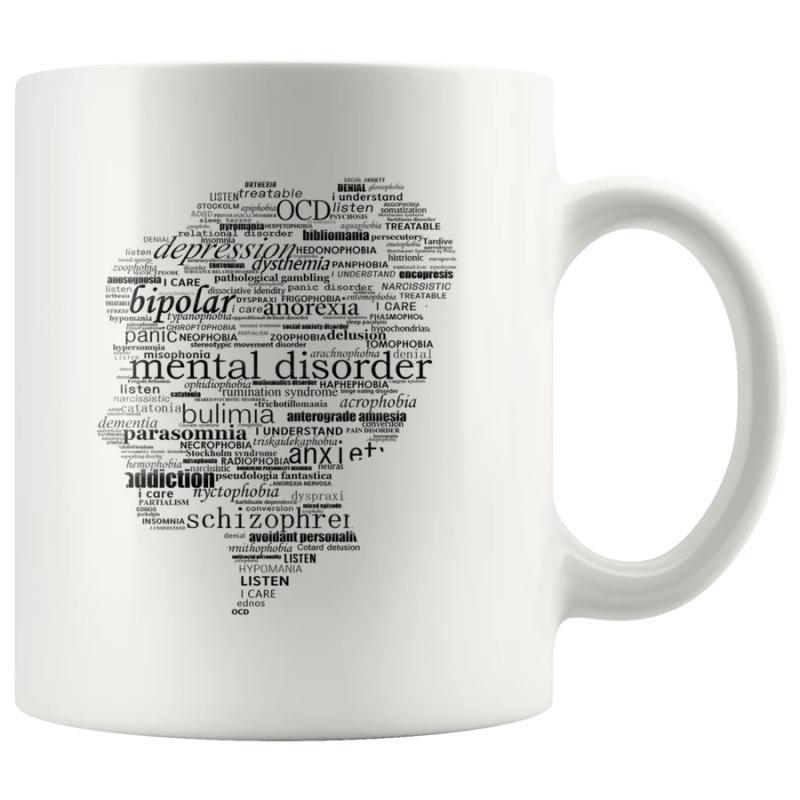 Tailorly White Ceramic 11 oz Mug - Mental Disorder Depression Bipolar Silhouette Of Human Brain Formed With Black Typography Brain