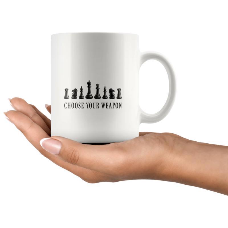 Tailorly White Ceramic 11 oz Mug - Choose Your Weapon Minimalist Black Silhouettes Of Classic Chess Pieces Standing In A Row Chess