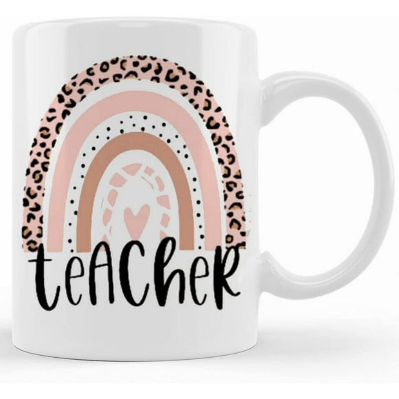 Tailorly White Ceramic 11 oz Mug - Teacher Stylized Leopard Pattern Dots And Heart Within A Bohemian Styled Rainbow