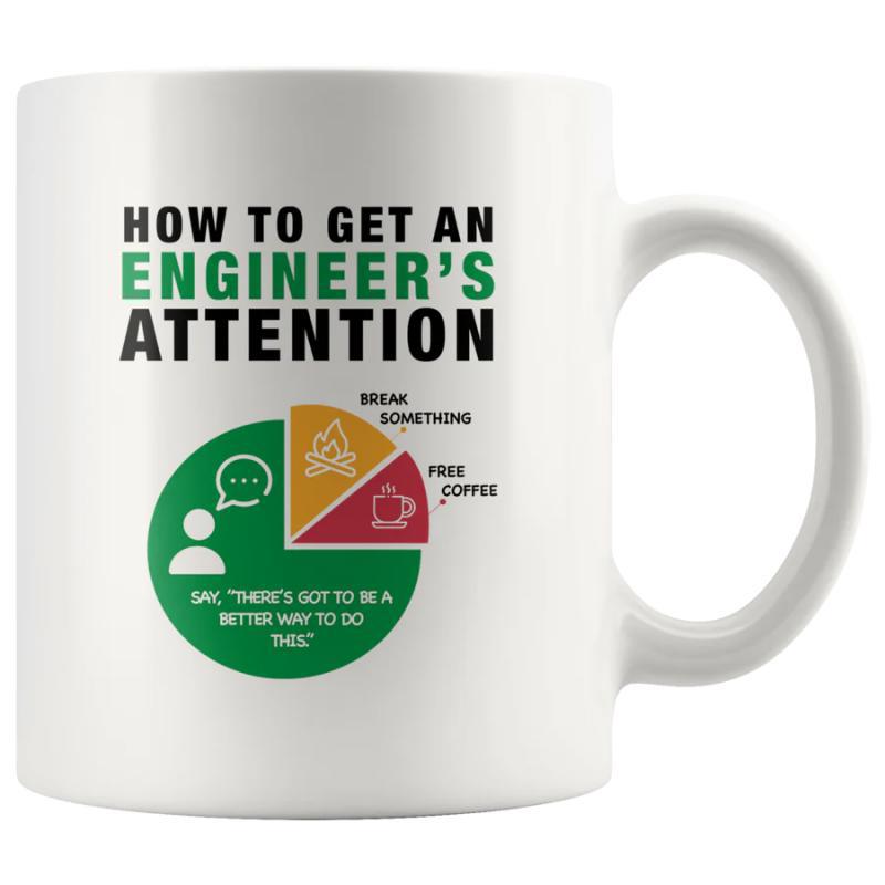 Tailorly White Ceramic 11 oz Mug - How To Get An Engineer's Attention Colorful Pie Chart Illustrating Humorous Engineering Concept With Multiple Creative Segments