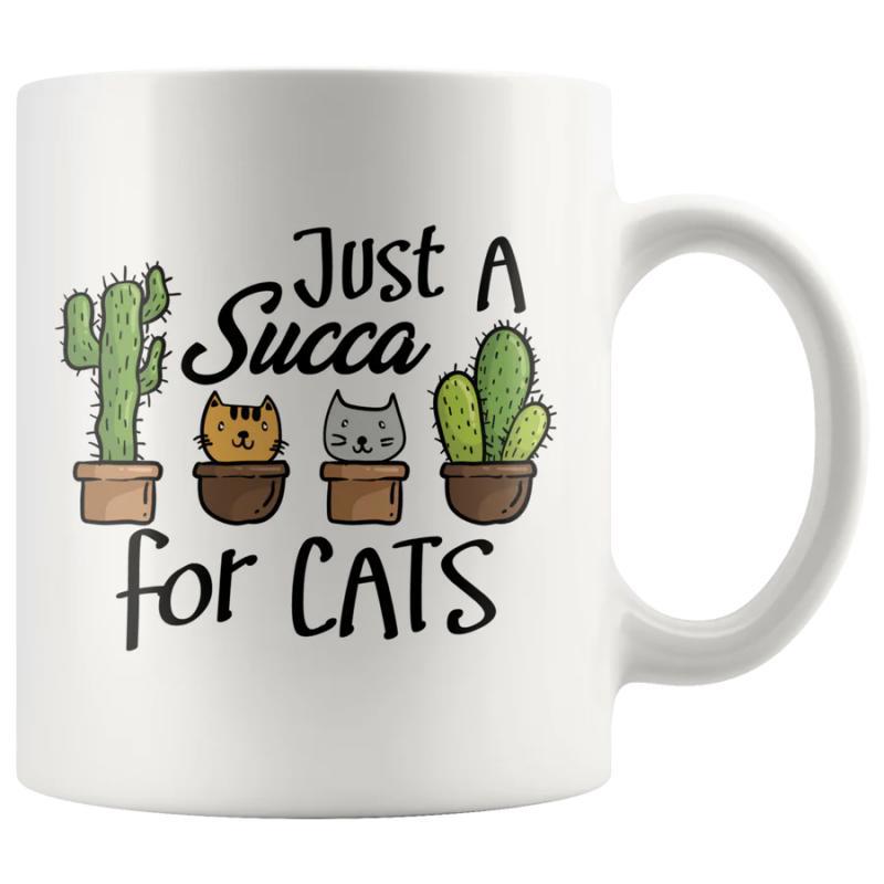 Tailorly White Ceramic 11 oz Mug - Just A Succa For Cats Cute Cartoon Potted Succulents And Cats Arranged In A Neat Row Mug