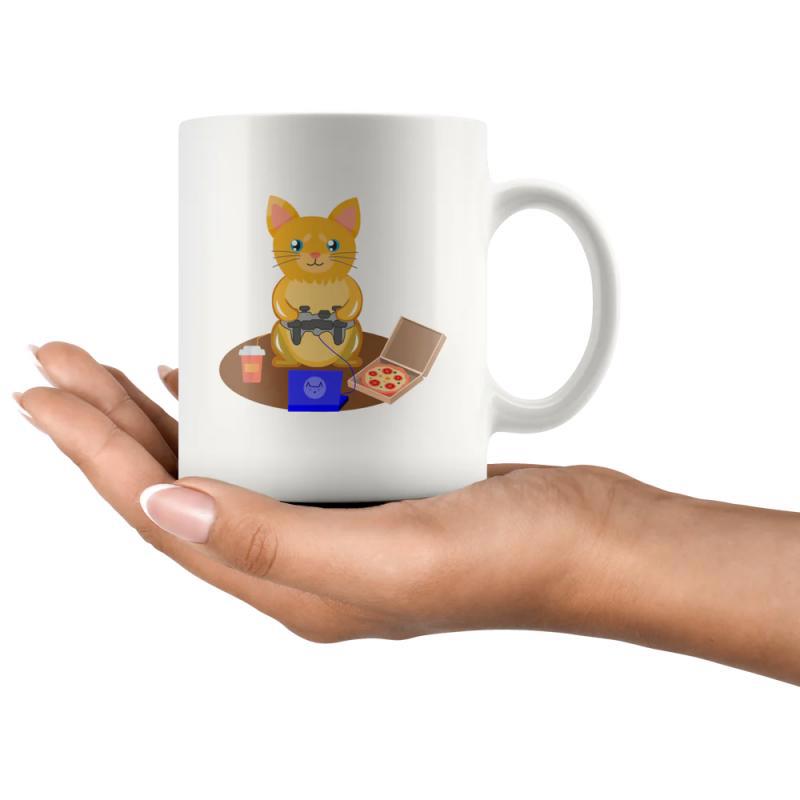Tailorly White Ceramic 11 oz Mug - Adorable Cartoon Orange Gaming With Pizza And Video Game Controller Cat
