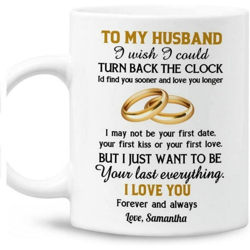 Tailorly White Ceramic 11 oz Mug - To My Husband I Love You Two Interlocking Polished Golden Bands Representing Eternal Commitment And Love Rings