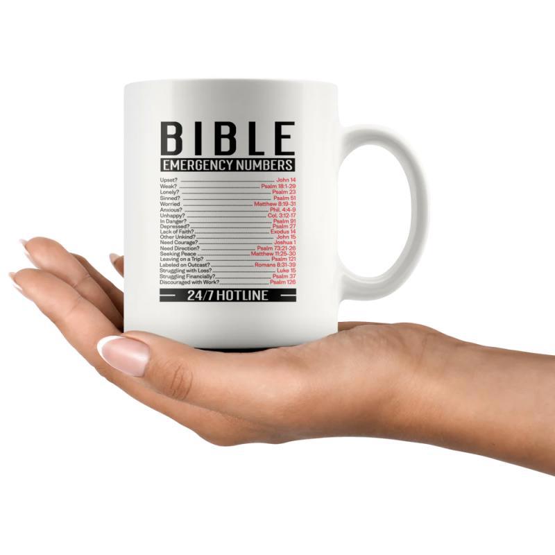 Tailorly White Ceramic 11 oz Mug - Bible Emergency Numbers 24 7 Hotline Clean With Categorized Scripture Verses Design Mug