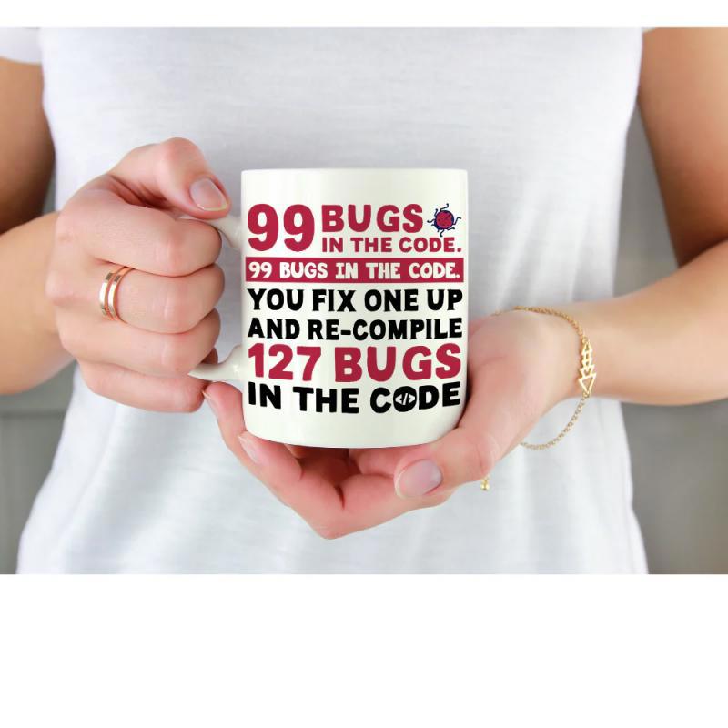 Tailorly White Ceramic 11 oz Mug - 99 Bugs In The Code You Fix One Up And Re Compile 127 Bugs In The Code Minimalist With Tiny Red Insect Icon Programmer Mug