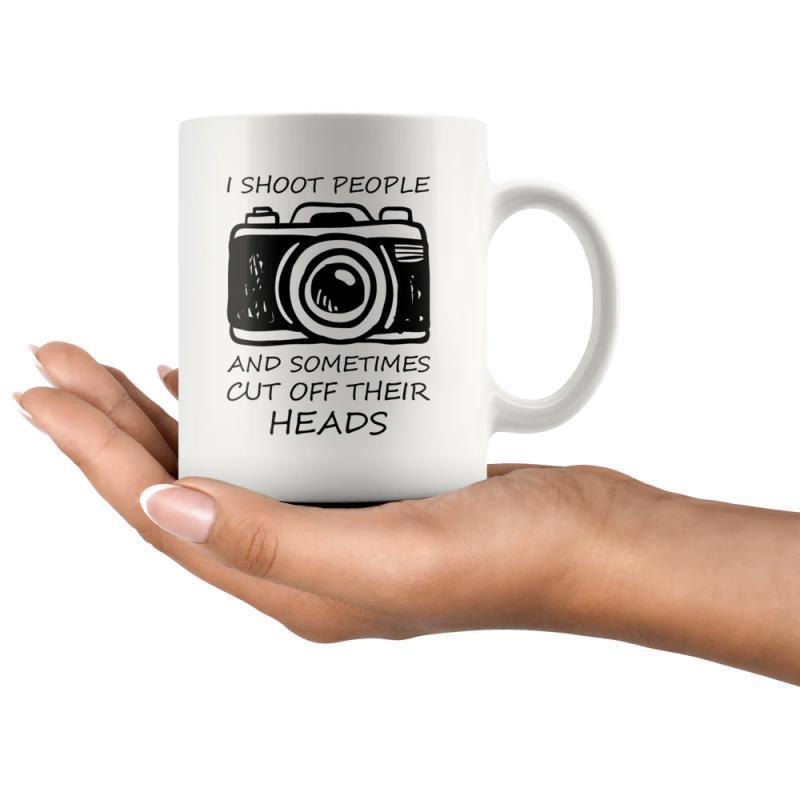 Tailorly White Ceramic 11 oz Mug - I Shoot People And Sometimes Cut Off Their Heads Minimalist Black Line Style Vintage Camera Icon Representing Photography