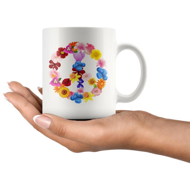 Tailorly White Ceramic 11 oz Mug - Vibrant Colorful Flowers Forming A Circular Symbol Of Unity Harmony Peace Sign