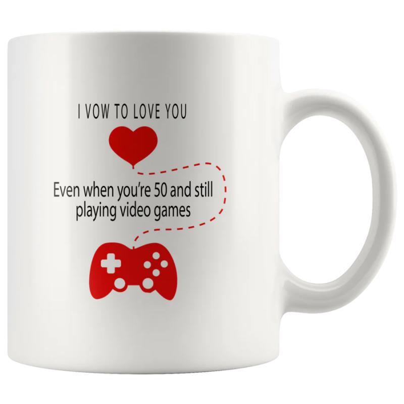 Tailorly White Ceramic 11 oz Mug - I Vow To Love You Even When Youre 50 And Still Playing Video Games Vibrant Red Heart Connected By Dotted Lines To A Sleek