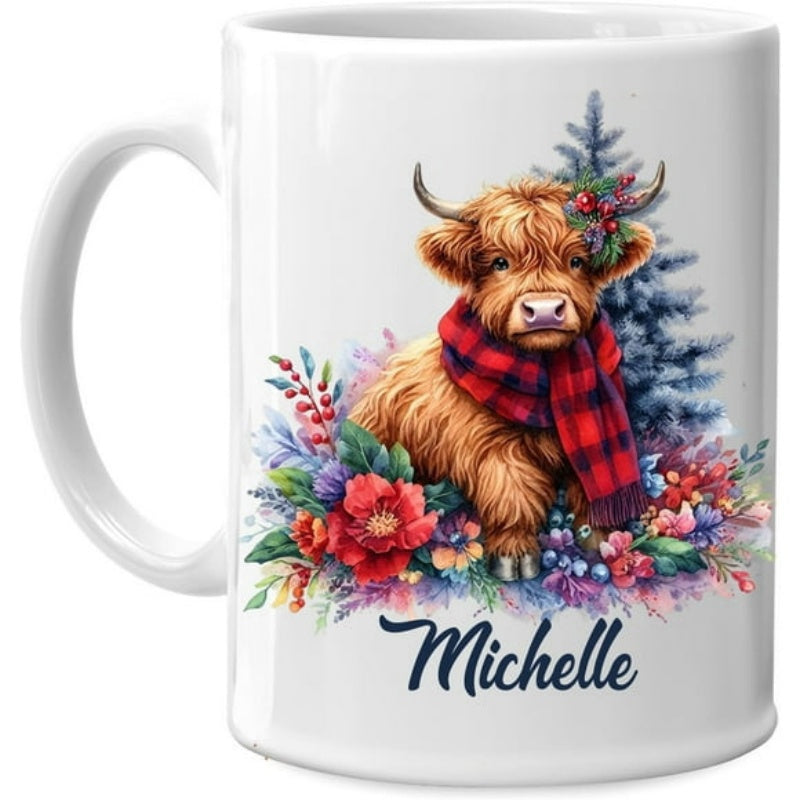 Tailorly White Ceramic 11 oz Mug - Michelle Fluffy Highland Cow Wearing Red Plaid Scarf Among Colorful Winter Flowers Cow