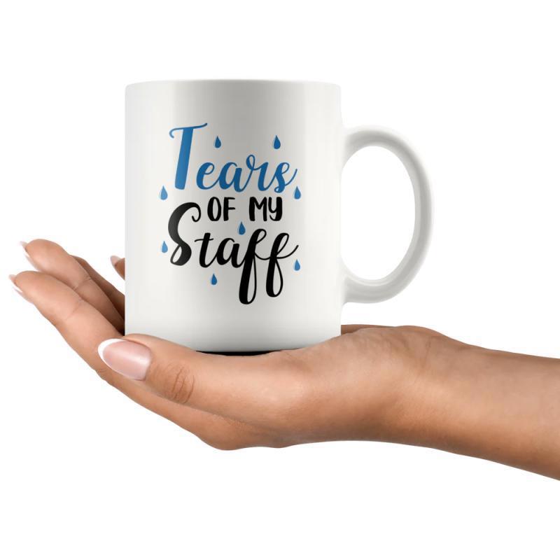 Tailorly White Ceramic 11 oz Mug - Tears Of My Staff Small Blue Droplets Surrounding Bold Playful Script Font On Polished