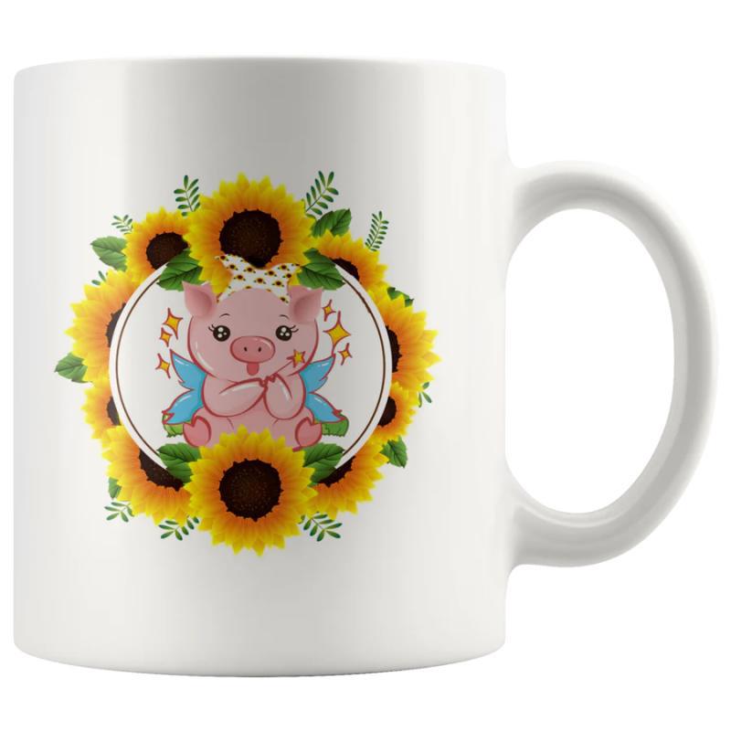 Tailorly White Ceramic 11 oz Mug - Adorable Pink Piglet With Fairy Wings Surrounded By A Golden Sunflower Wreath Pig