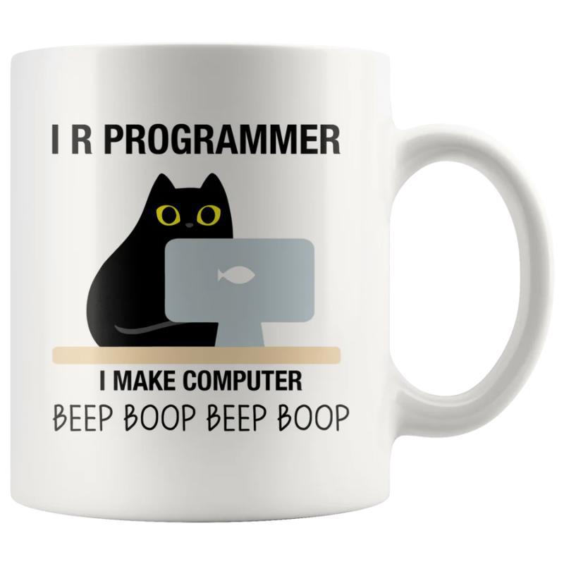 Tailorly White Ceramic 11 oz Mug - I R Programmer I Make Computer Beep Boop Beep Boop Minimalist Black Cat Sitting Behind Computer Desk Working On Code Cat