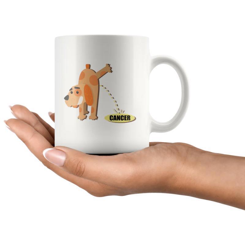 Tailorly White Ceramic 11 oz Mug - Cancer Funny Cartoon Brown Spotted Dog Lifting Leg Over Yellow Label Dog