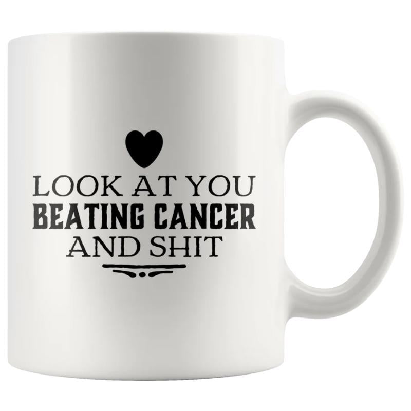 Tailorly White Ceramic 11 oz Mug - Look At You Beating Cancer And Shit Simple Minimalist Black Heart Silhouette Resting Above Inspirational Bold Typographic Layout