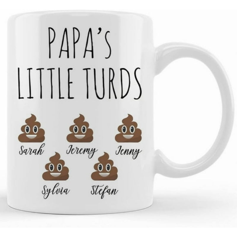 Tailorly White Ceramic 11 oz Mug - Papas Little Turds Funny Smiling Brown Poop Characters With Personalized Names Mug