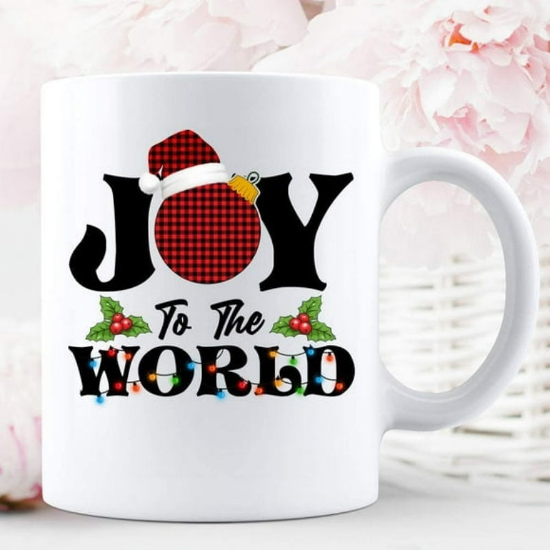 Tailorly White Ceramic 11 oz Mug - Joy To The World Festive Buffalo Plaid Ornament With Holly And Colorful Christmas Lights Ornament