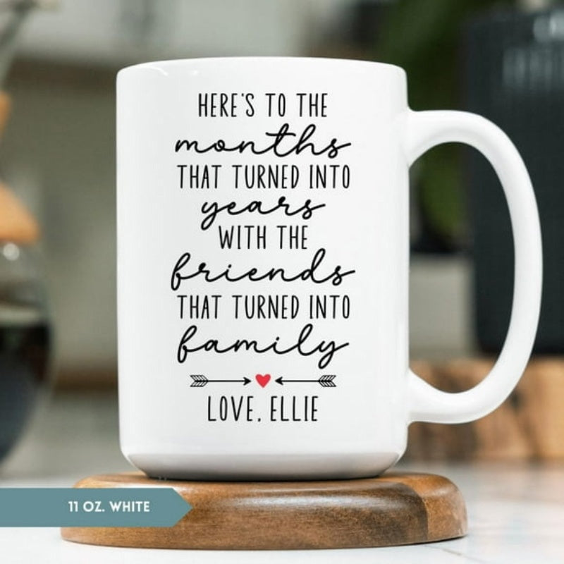 Tailorly White Ceramic 11 oz Mug - Heres To The Months That Turned Into Years With The Friends That Turned Into Family Love Ellie Elegant Script Typography With
